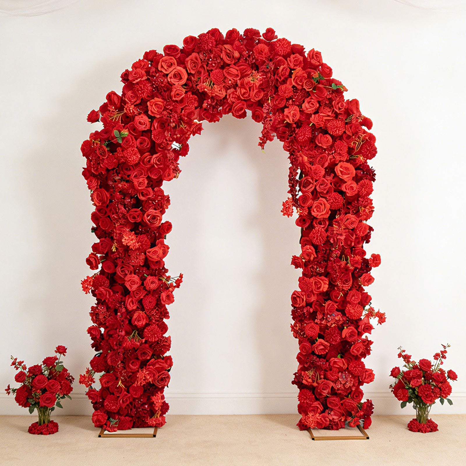 Flower Arch Backdrop Red 4ft x 8ft Artificial Silk Roses. Hydrangeas & Chrysanthemums Floral Arrangement for Round Top Double Arch Stand