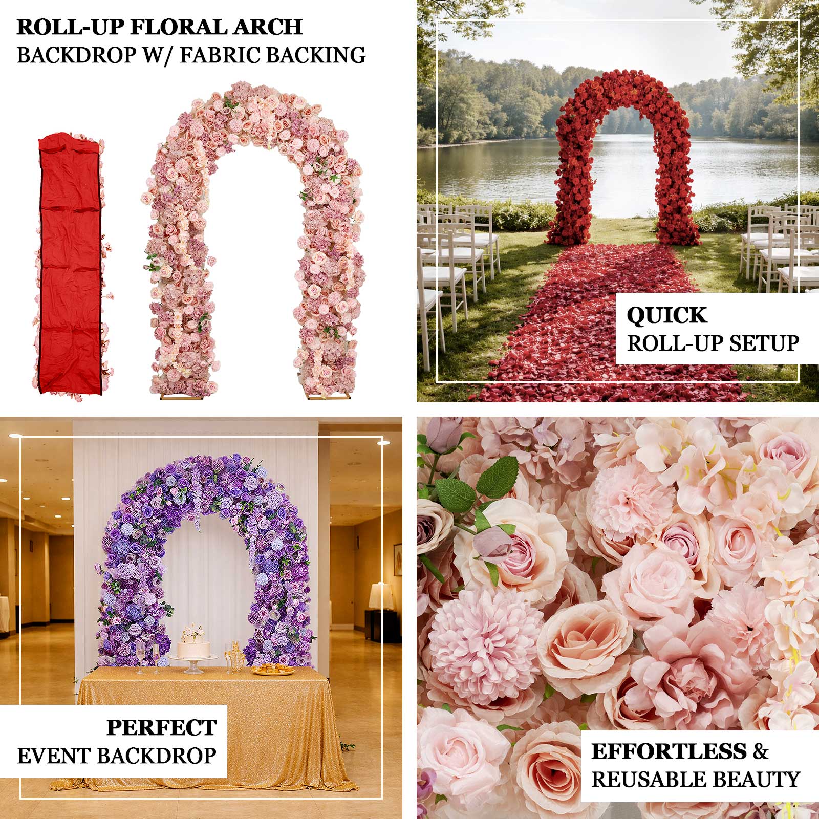 Flower Arch Backdrop Red 4ft x 8ft Artificial Silk Roses. Hydrangeas & Chrysanthemums Floral Arrangement for Round Top Double Arch Stand
