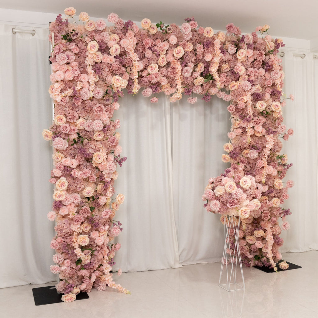 Roll Up Flower Backdrop for Arch Stand - Dusty Rose with Fabric Backing. 8ftx8ft - Artificial Silk Roses. Hydrangeas & Chrysanthemums for Wedding Backdrop