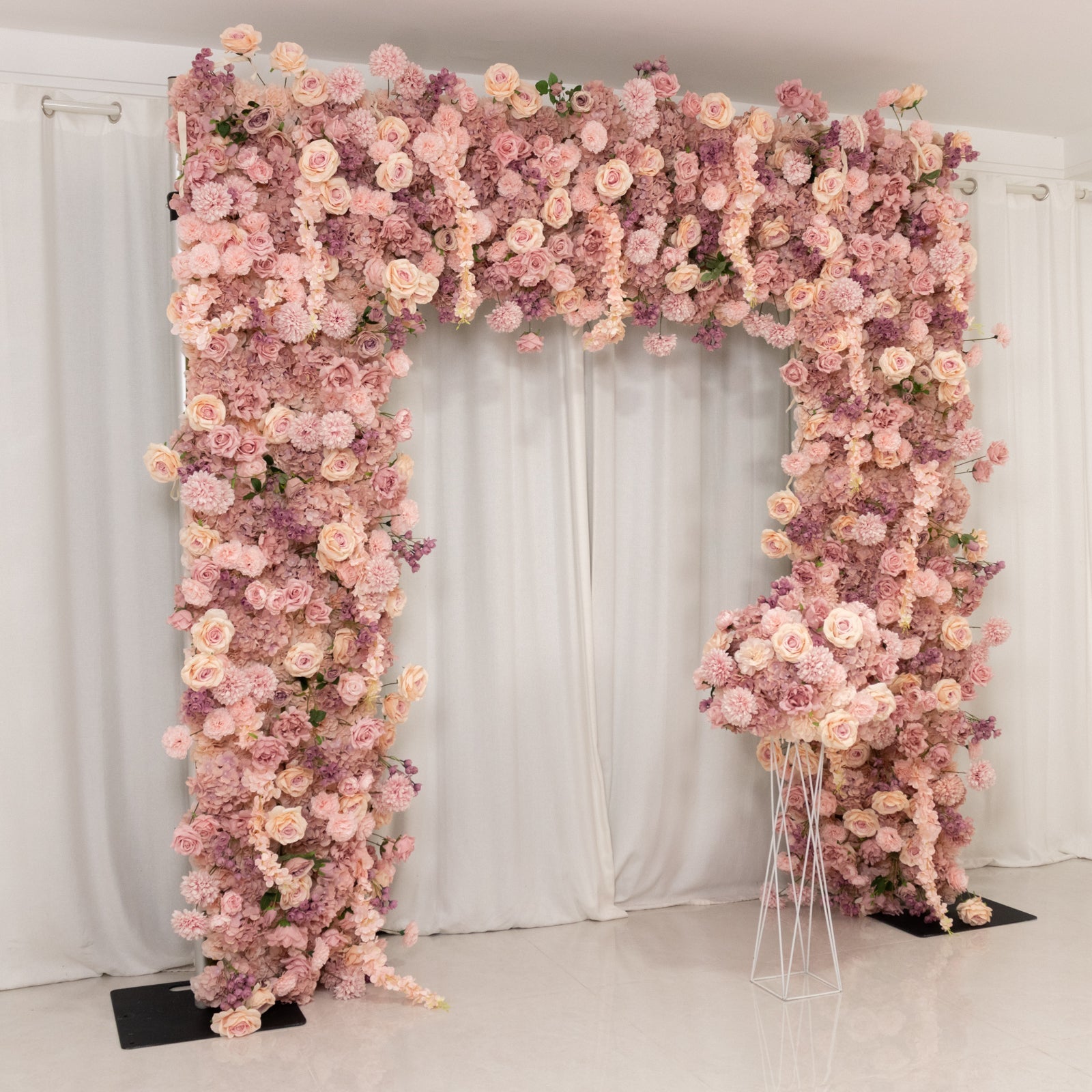 Roll Up Flower Backdrop for Arch Stand - Dusty Rose with Fabric Backing. 8ftx8ft - Artificial Silk Roses. Hydrangeas & Chrysanthemums for Wedding Backdrop