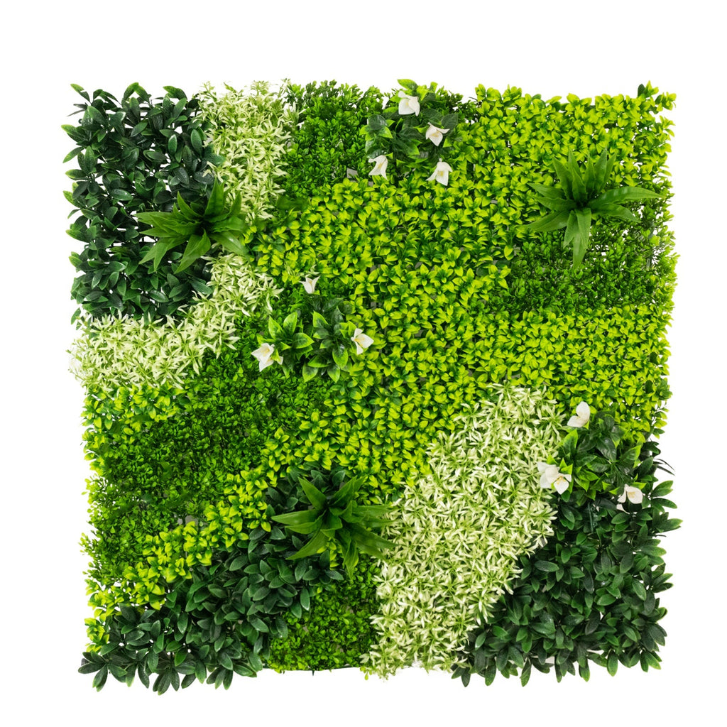 Artificial Boxwood Hedge Panels 40×40 – Greenery Wall Backdrop with Variegated Leaves and White Flowers. Outdoor UV-Protected Grass Wall Mat – 2 Panels. Covers 22 Sq. Ft.