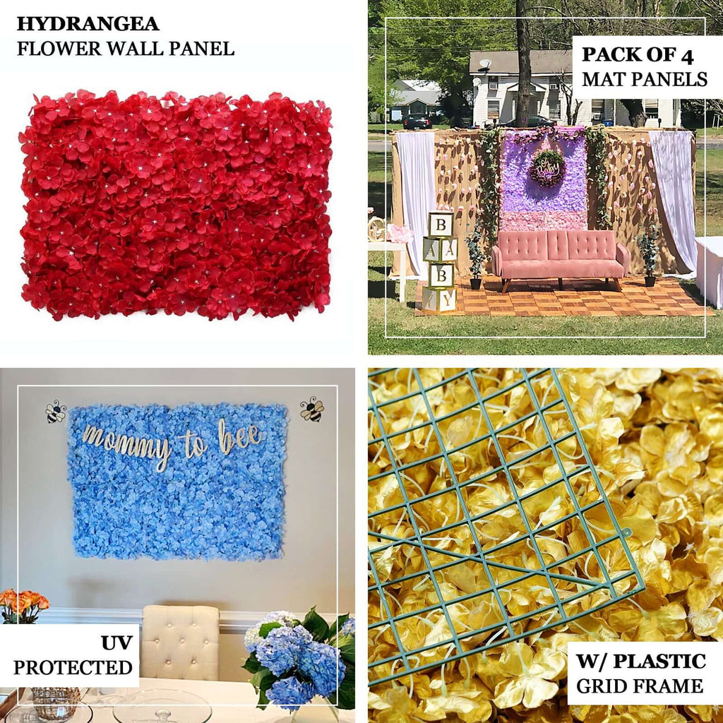 Gold UV Protected Hydrangea Flower Wall Mat Backdrop 4 Artificial Panels 11 Sq ft.