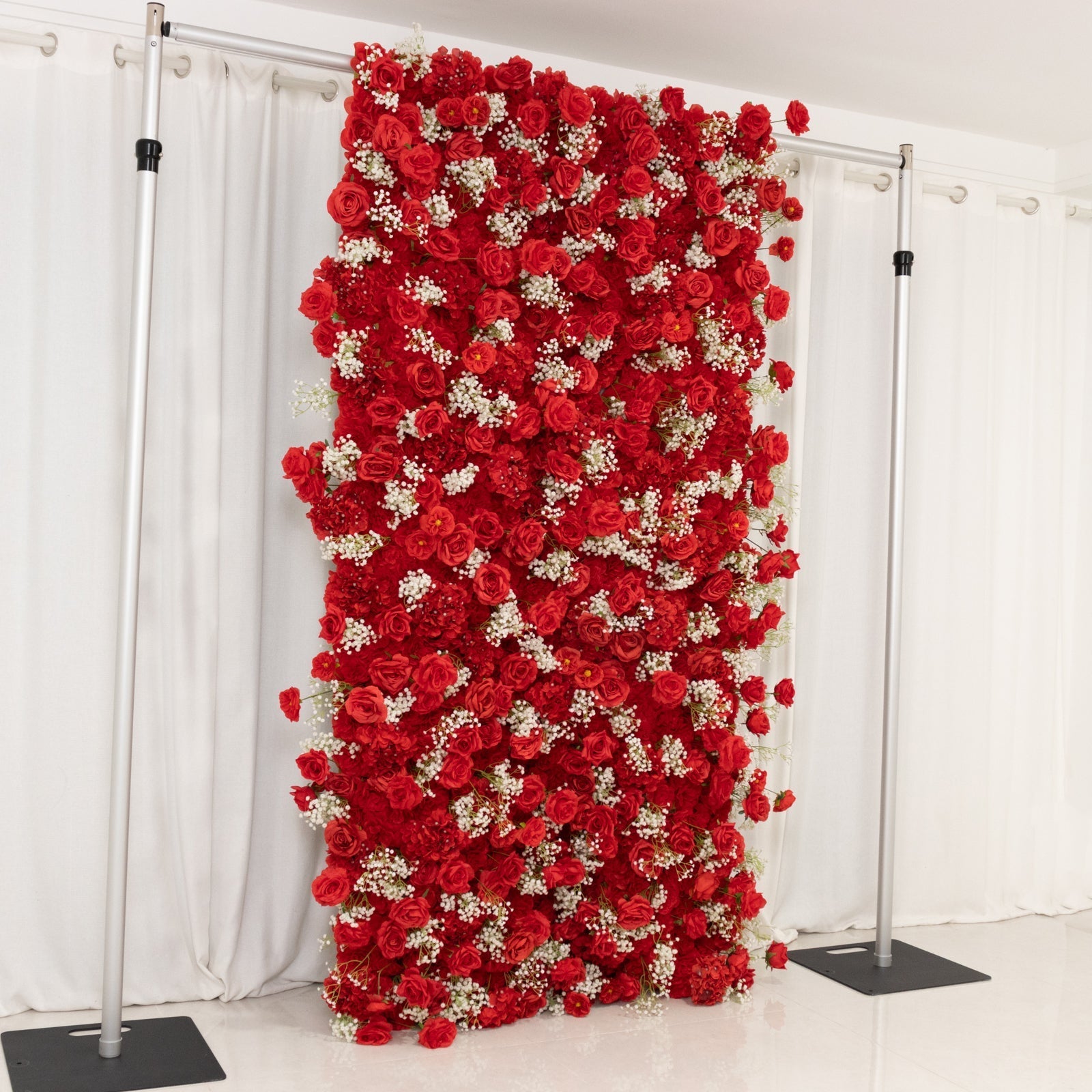 Roll Up Flower Wall Backdrop with Fabric Backing – 8ftx4ft Red Artificial Silk Roses & Baby's Breath