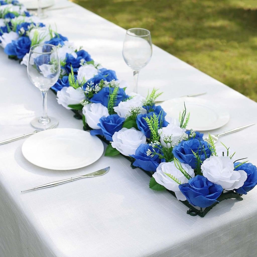 6 Pack White Royal Blue Silk Rose Flower Panel Table Runner. Artificial Floral Arrangements Dining Table Decor - 20x8