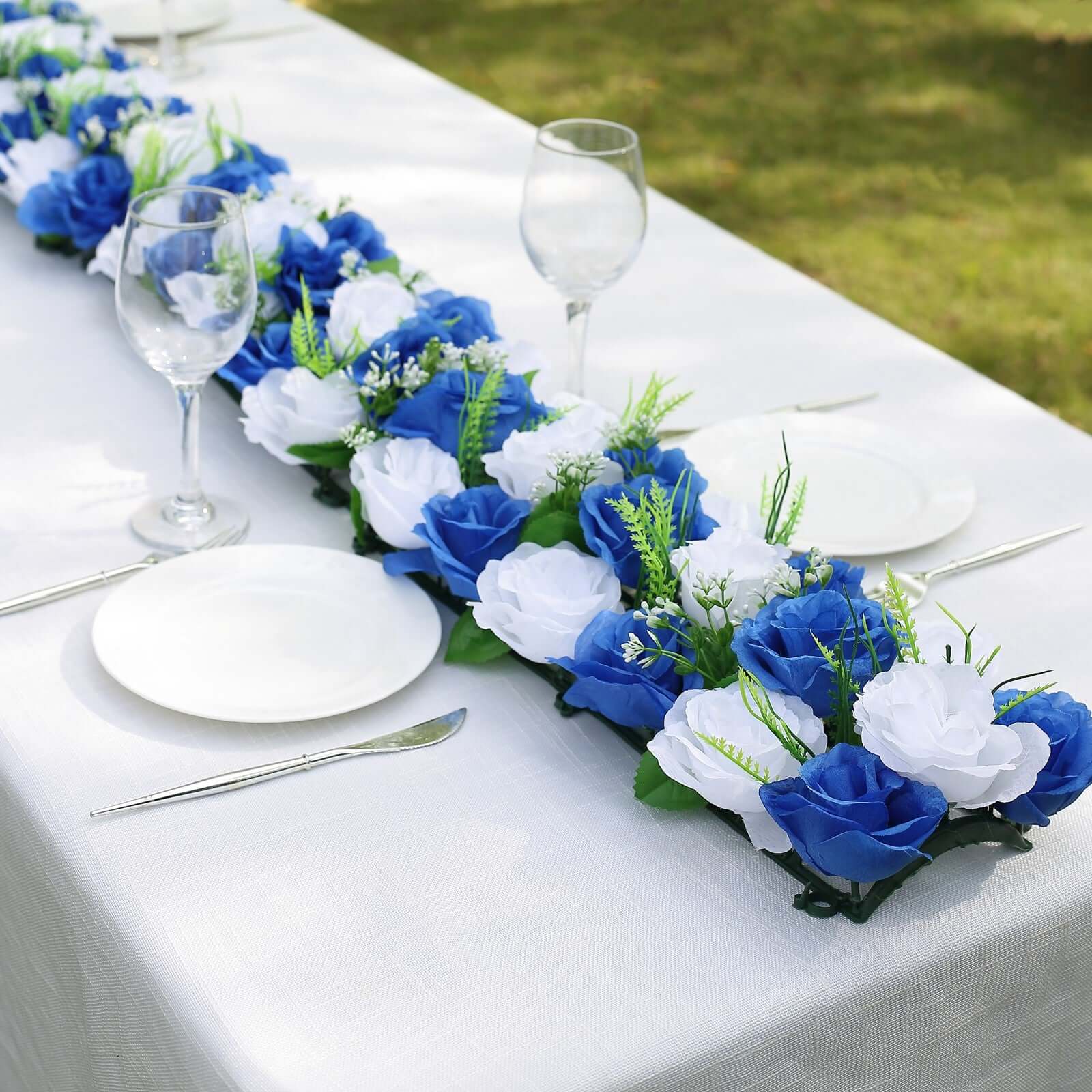 6 Pack White Royal Blue Silk Rose Flower Panel Table Runner. Artificial Floral Arrangements Dining Table Decor - 20x8