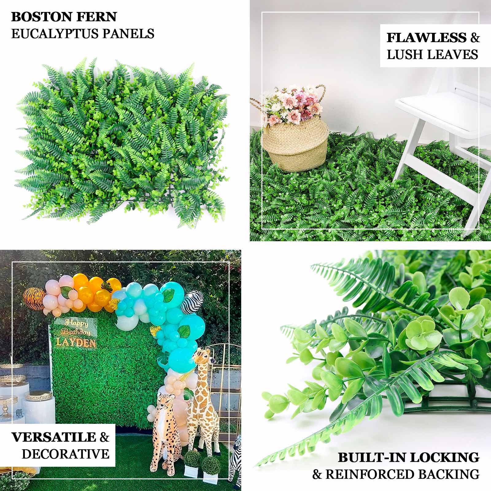 Artificial Boston Fern Eucalyptus Boxwood Greenery Garden Wall. Grass Backdrop Mat. Indoor/Outdoor UV Protected Assorted Foliage 4 Panels 12 Sq. ft.