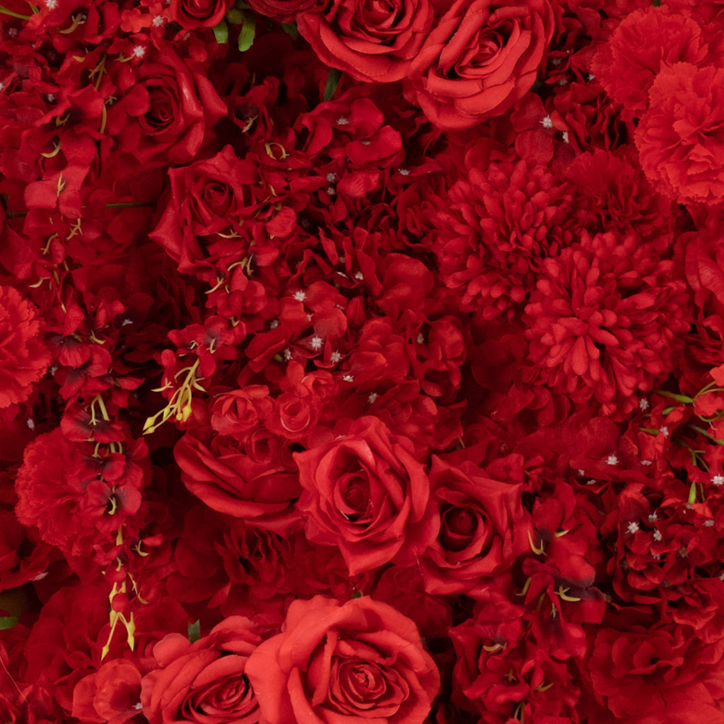 Roll Up Flower Backdrop for Arch Stand - Red with Fabric Backing. 8ftx8ft - Artificial Silk Roses. Hydrangeas & Chrysanthemums for Wedding Backdrop