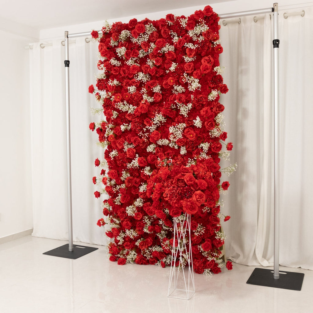 Roll Up Flower Wall Backdrop with Fabric Backing – 8ftx4ft Red Artificial Silk Roses & Baby's Breath