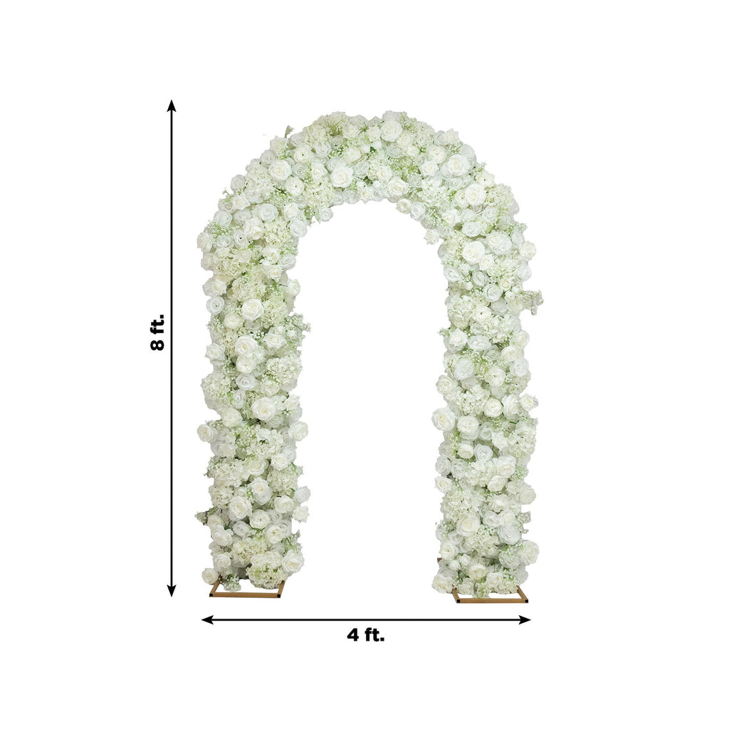Flower Arch Backdrop White 4ft x 8ft Artificial Silk Roses & Baby's Breath Floral Arrangement for Round Top Double Arch Stand