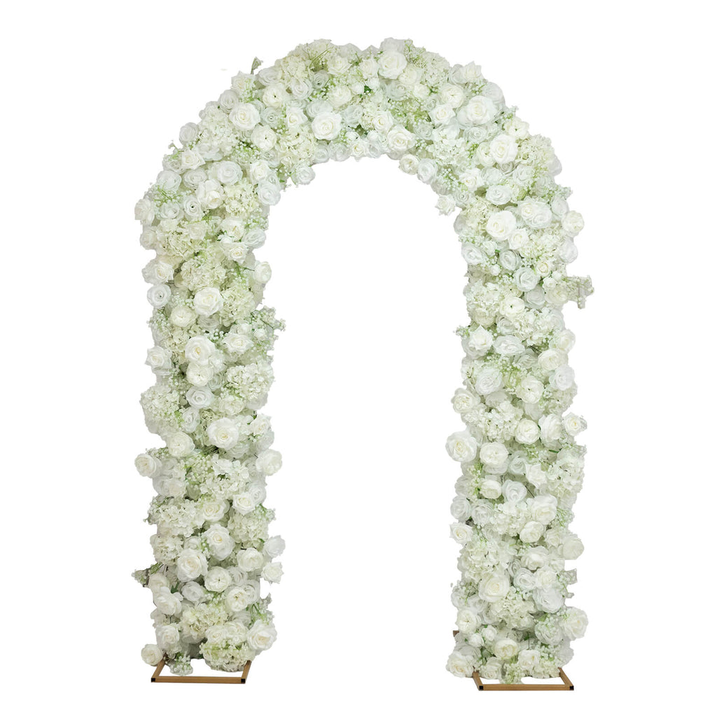 Flower Arch Backdrop White 4ft x 8ft Artificial Silk Roses & Baby's Breath Floral Arrangement for Round Top Double Arch Stand