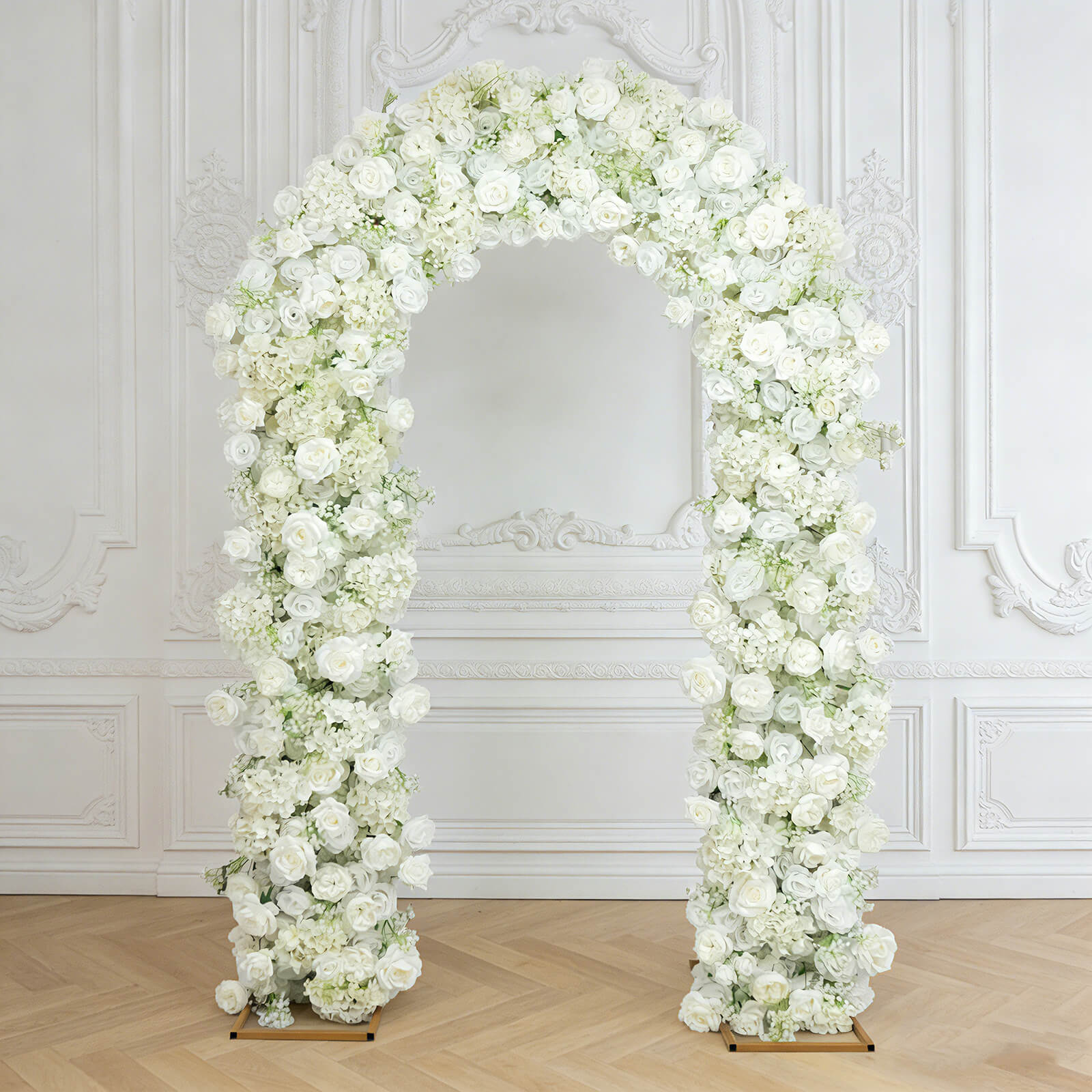 Flower Arch Backdrop White 4ft x 8ft Artificial Silk Roses & Baby's Breath Floral Arrangement for Round Top Double Arch Stand