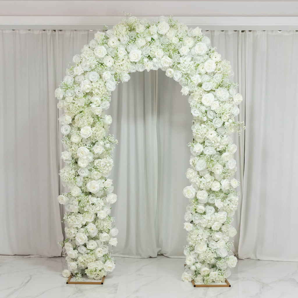 Flower Arch Backdrop White 4ft x 8ft Artificial Silk Roses & Baby's Breath Floral Arrangement for Round Top Double Arch Stand