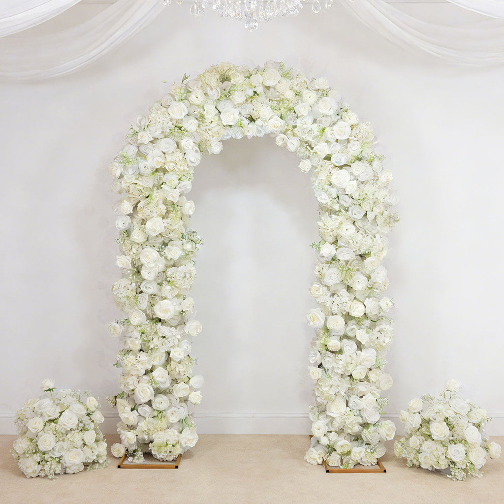Flower Arch Backdrop White 4ft x 8ft Artificial Silk Roses & Baby's Breath Floral Arrangement for Round Top Double Arch Stand