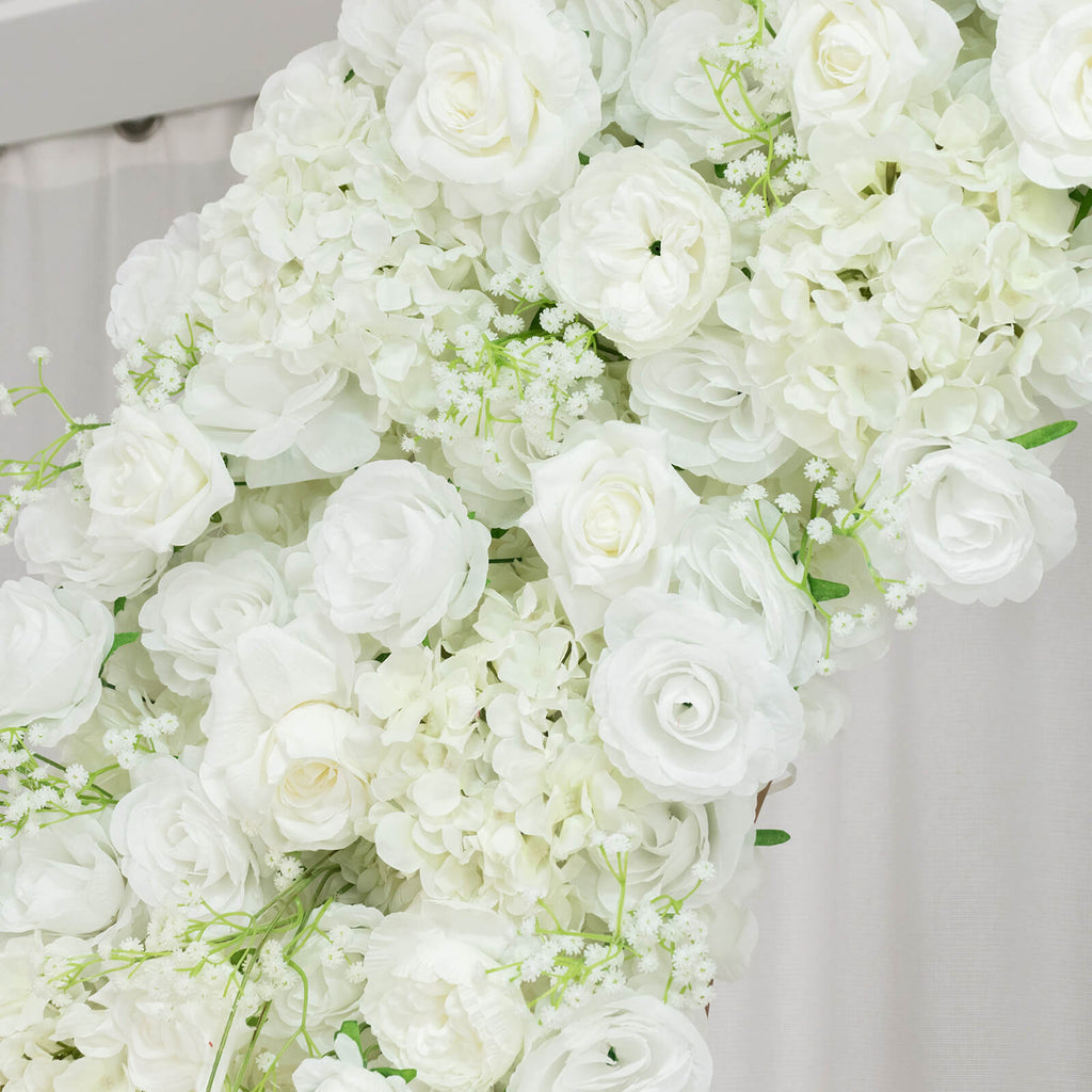 Flower Arch Backdrop White 4ft x 8ft Artificial Silk Roses & Baby's Breath Floral Arrangement for Round Top Double Arch Stand