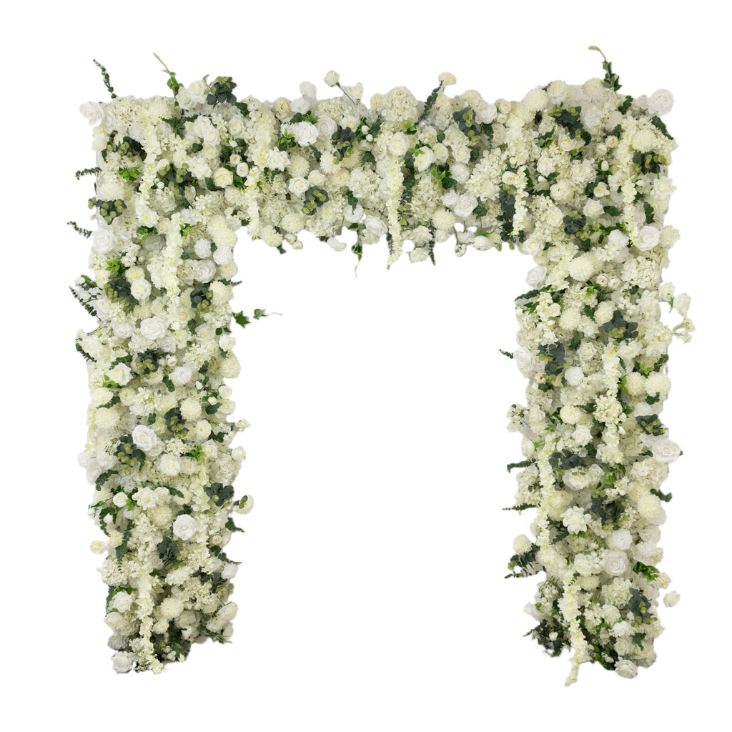 Roll Up Flower Backdrop for Arch Stand - White with Fabric Backing. 8ftx8ft - Artificial Silk Roses. Hydrangeas & Chrysanthemums for Wedding Backdrop
